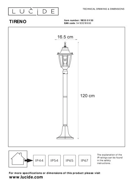 Lucide TIRENO - Lantaarnpaal - 1xE27 - IP44 - Zwart - technisch